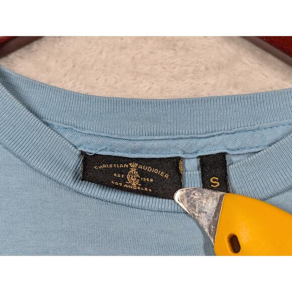 Christian Audigier Y2K All Over Print Blue Shirt SMALL Faith Graphic Made in USA - Picture 2 of 6